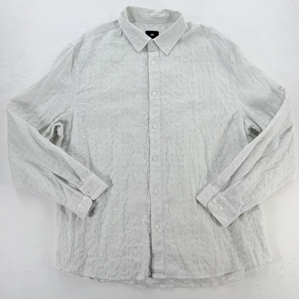 H&M Button Up Mens XL Gray Excellent Striped Cotton Linen Long Sleeve Casual